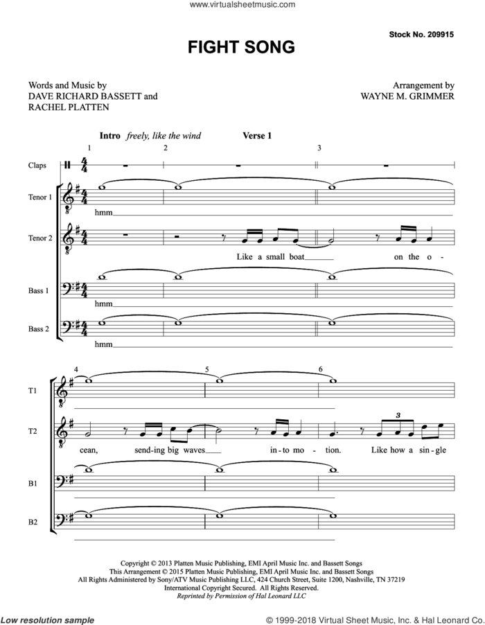 Fight Song (arr. Wayne Grimmer) sheet music for choir (TTBB: tenor, bass) by Rachel Platten, Wayne Grimmer and Dave Bassett, intermediate skill level