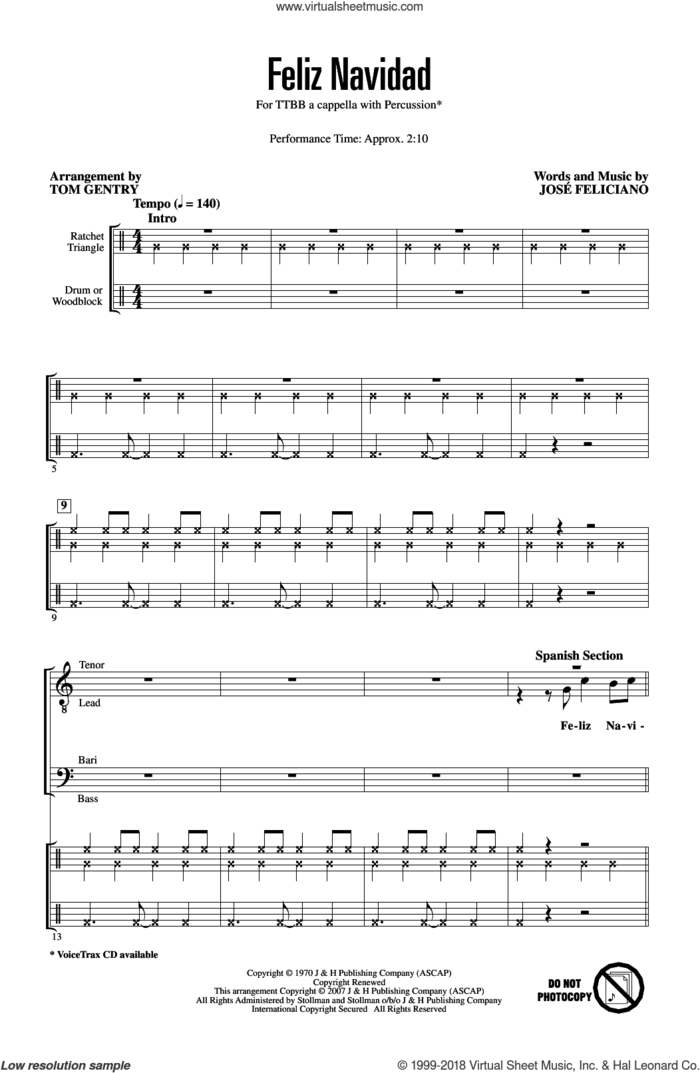 Feliz Navidad (arr. Tom Gentry, David Briner) sheet music for choir (TTBB: tenor, bass) by Jose Feliciano, David Briner and Tom Gentry, intermediate skill level