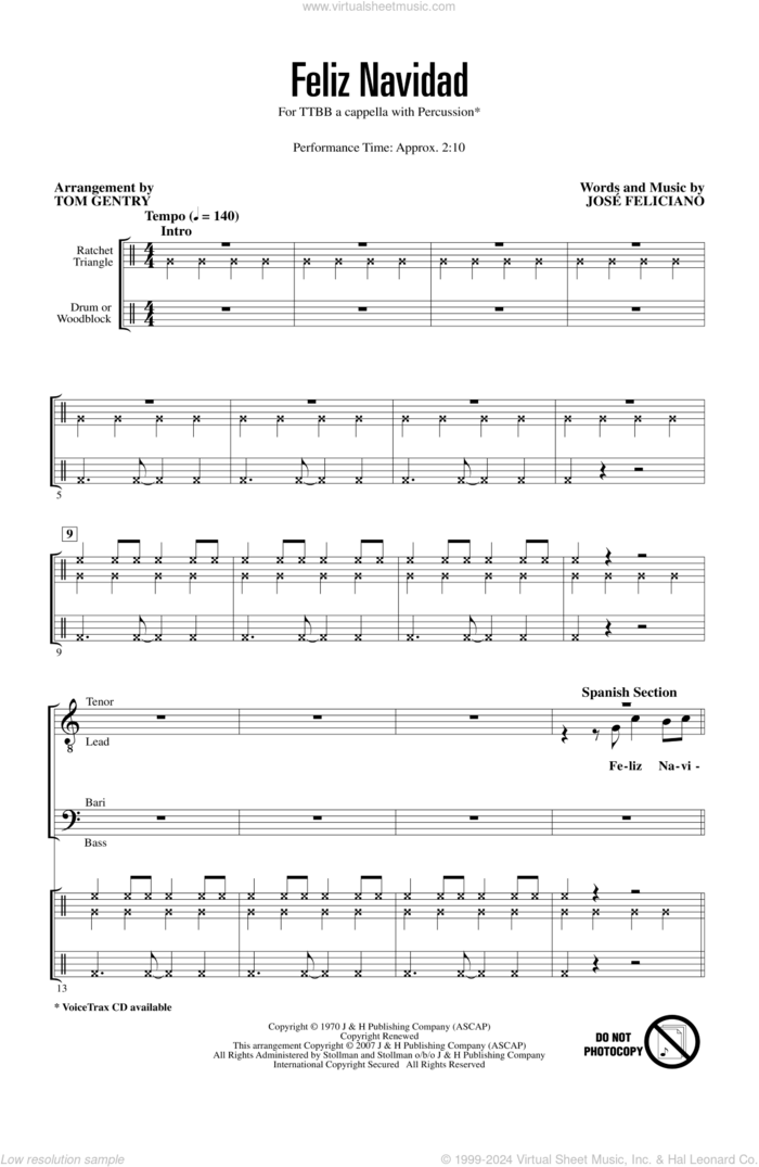 Feliz Navidad (arr. Tom Gentry, David Briner) sheet music for choir (TTBB: tenor, bass) by Jose Feliciano, David Briner and Tom Gentry, intermediate skill level