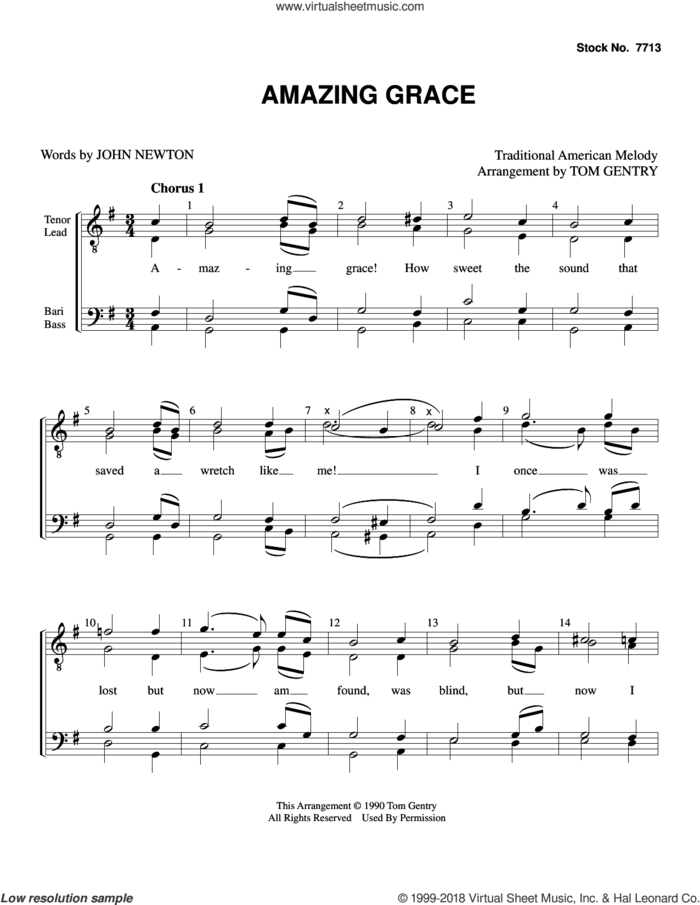 Amazing Grace (arr. Tom Gentry) sheet music for choir (TTBB: tenor, bass) by John Newton, Tom Gentry, Edwin O. Excell and Miscellaneous, intermediate skill level