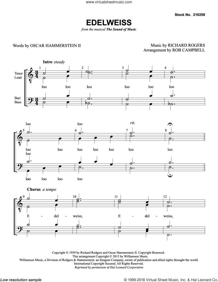 Edelweiss (from The Sound of Music) (arr. Rob Campbell) sheet music for choir (TTBB: tenor, bass) by Christopher Plummer, Rob Campbell, Oscar II Hammerstein and Richard Rodgers, intermediate skill level
