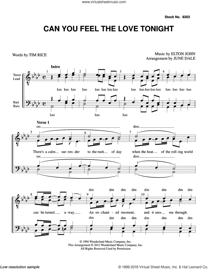 Can You Feel the Love Tonight (from The Lion King) (arr. June Dale) sheet music for choir (TTBB: tenor, bass) by Elton John, June Dale and Tim Rice, wedding score, intermediate skill level