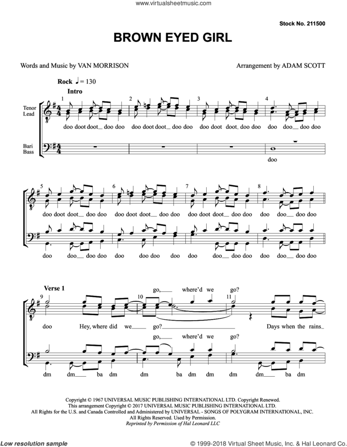 Brown Eyed Girl (arr. Adam Scott) sheet music for choir (TTBB: tenor, bass) by Van Morrison and Adam Scott, intermediate skill level