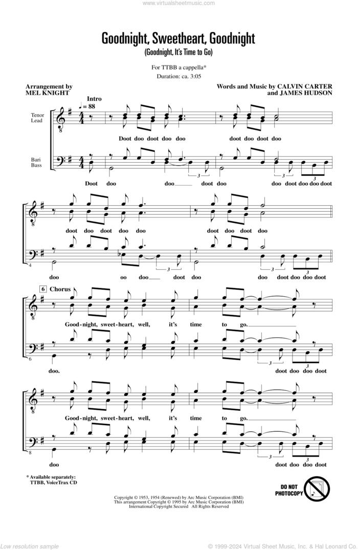 Goodnight, Sweetheart, Goodnight (Goodnight, It's Time to Go) (arr. Mel Knight) sheet music for choir (TTBB: tenor, bass) by The McGuire Sisters, Mel Knight, Tokens, Calvin Carter and James Hudson, intermediate skill level