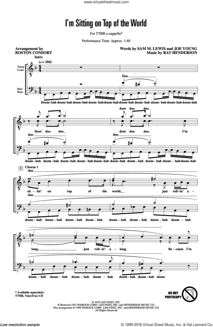 I'm Sitting on Top of the World (arr. Boston Consort) sheet music for choir (TTBB: tenor, bass) by Boston Common, Joe Young, Ray Henderson and Sam Lewis, intermediate skill level