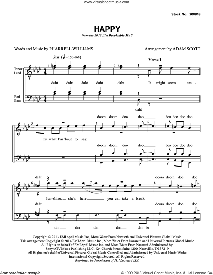Happy (from Despicable Me 2) (arr. Adam Scott) sheet music for choir (TTBB: tenor, bass) by Pharrell Williams, Adam Scott and Pharrell, intermediate skill level