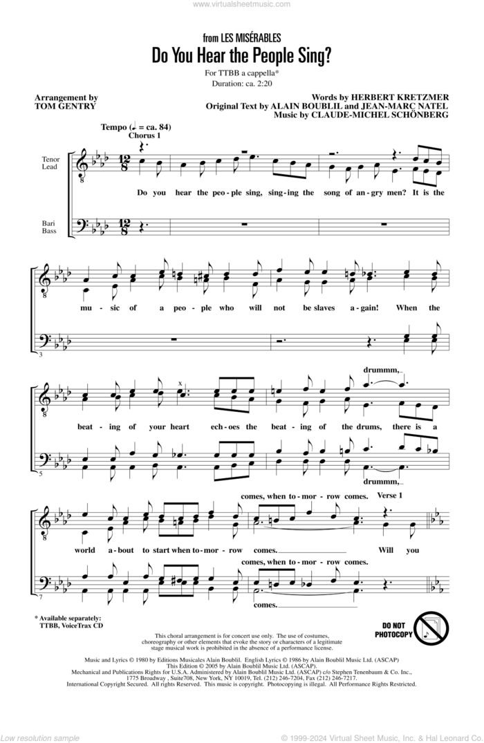 Do You Hear The People Sing? (from Les Miserables) (arr. Tom Gentry) sheet music for choir (TTBB: tenor, bass) by Boublil & Schonberg, Tom Gentry, Alain Boublil, Claude-Michel Schonberg, Claude-Michel Schonberg, Herbert Kretzmer and Jean-Marc Natel, intermediate skill level