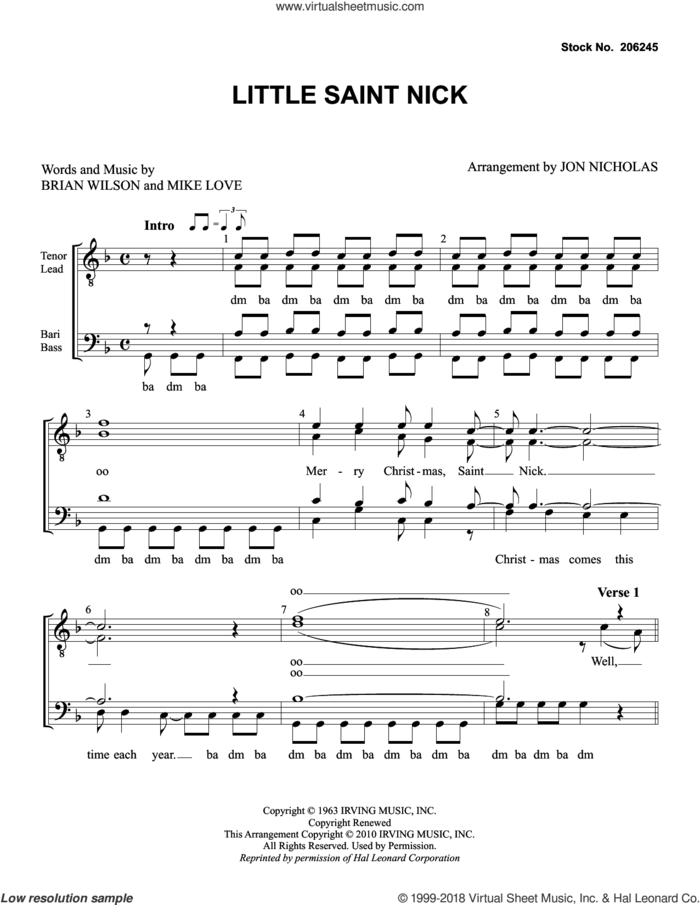 Little Saint Nick (arr. Jon Nicholas) sheet music for choir (TTBB: tenor, bass) by The Beach Boys, Jon Nicholas, Brian Wilson and Mike Love, intermediate skill level