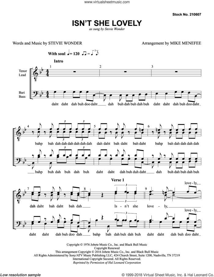 Isn't She Lovely (arr. Mike Menefee) sheet music for choir (TTBB: tenor, bass) by Stevie Wonder and Mike Menefee, intermediate skill level