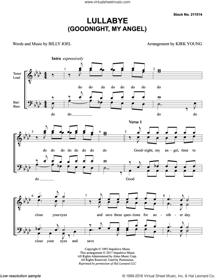 Lullaby (Goodnight My Angel) (arr. Kirk Young) sheet music for choir (TTBB: tenor, bass) by Billy Joel, intermediate skill level