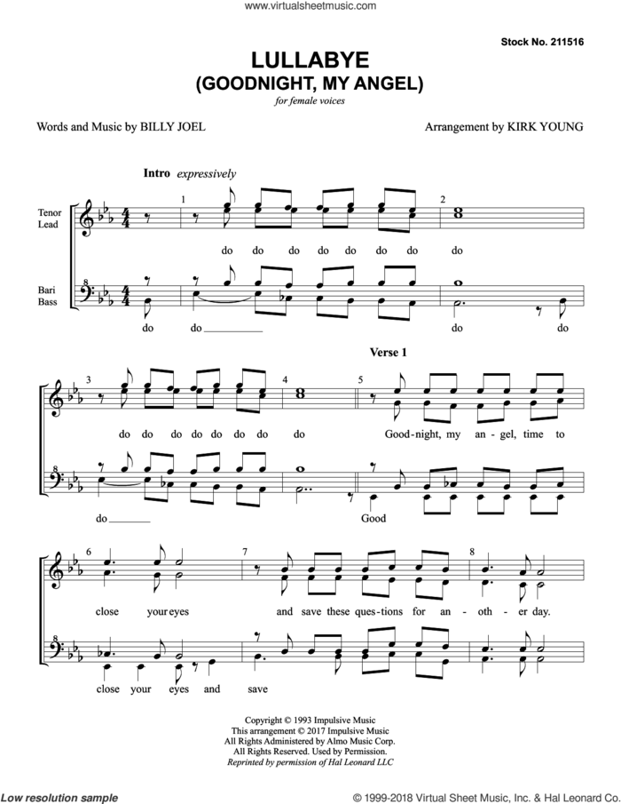 Lullaby (Goodnight My Angel) (arr. Kirk Young) sheet music for choir (SSAA: soprano, alto) by Billy Joel, intermediate skill level