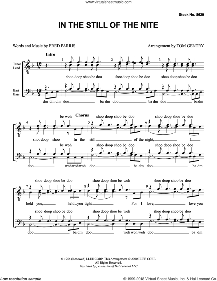 In the Still of the Nite (arr. Tom Gentry) sheet music for choir (TTBB: tenor, bass) by The Five Satins, Tom Gentry and Frederick Parris, intermediate skill level