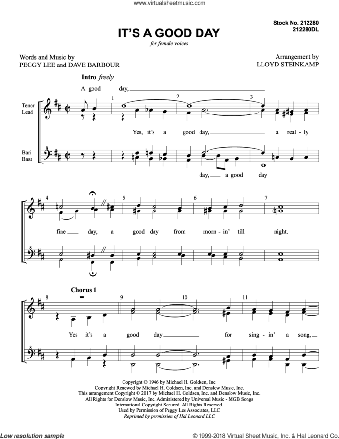 It's a Good Day (arr. Lloyd Steinkamp) sheet music for choir (SSAA: soprano, alto) by Peggy Lee, Lloyd Steinkamp and Dave Barbour, intermediate skill level