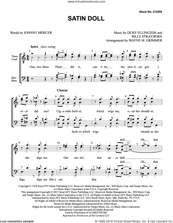 Satin Doll (arr. Wayne Grimmer) sheet music for choir (TTBB: tenor, bass) by Johnny Mercer, Wayne Grimmer, Billy Strayhorn and Duke Ellington, intermediate skill level