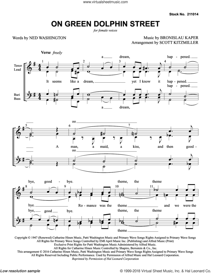 On Green Dolphin Street (arr. Scott Kitzmiller) sheet music for choir (SSAA: soprano, alto) by Jimmy Dorsey Orchestra, Scott Kitzmiller, Bronislau Kaper and Ned Washington, intermediate skill level
