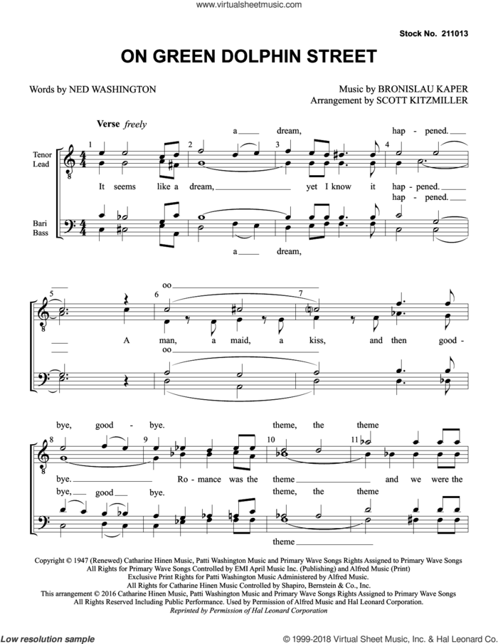 On Green Dolphin Street (arr. Scott Kitzmiller) sheet music for choir (TTBB: tenor, bass) by Jimmy Dorsey Orchestra, Scott Kitzmiller, Bronislau Kaper and Ned Washington, intermediate skill level