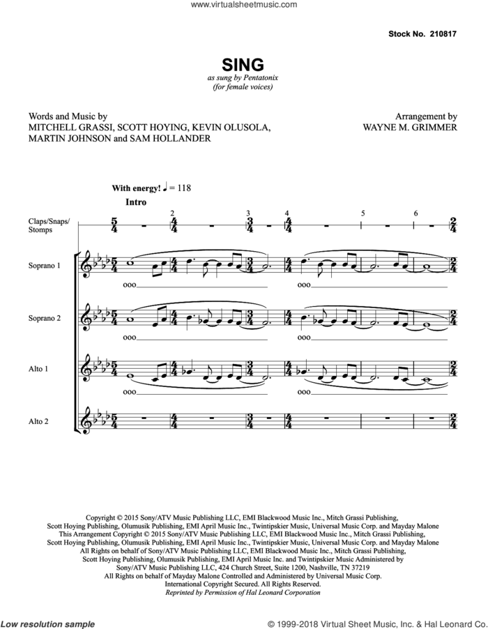 Sing (arr. Wayne Grimmer) sheet music for choir (SSAA: soprano, alto) by Pentatonix, Wayne Grimmer, Kevin Olusola, Martin Johnson, Mitchell Grassi, Sam Hollander and Scott Hoying, intermediate skill level