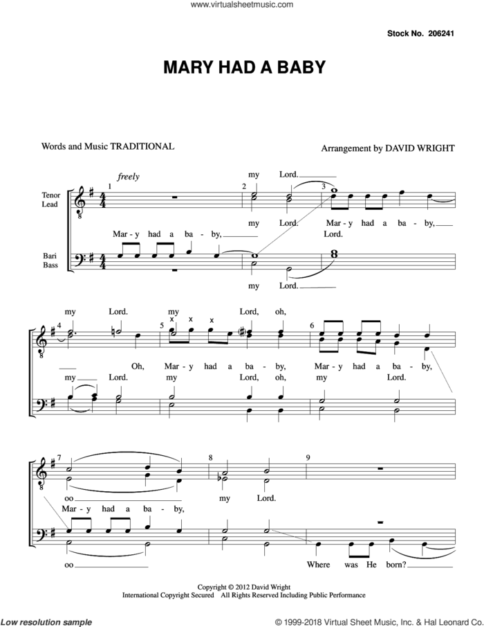 Mary Had A Baby (arr. David Wright) sheet music for choir (TTBB: tenor, bass)  and David Wright, intermediate skill level