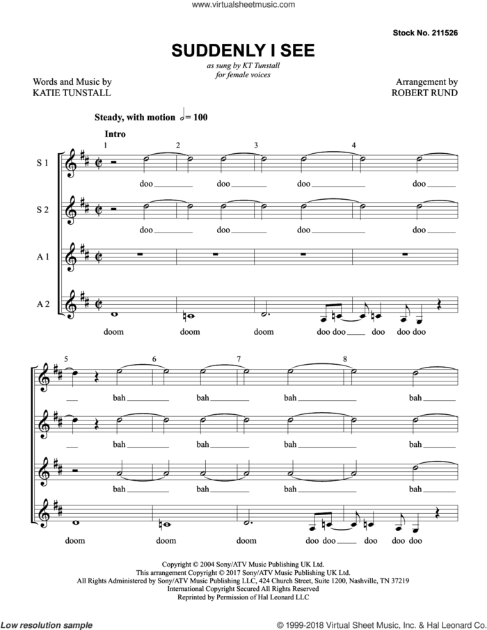 Suddenly I See (arr. Robert Rund) sheet music for choir (SSAA: soprano, alto) by KT Tunstall and Robert Rund, intermediate skill level