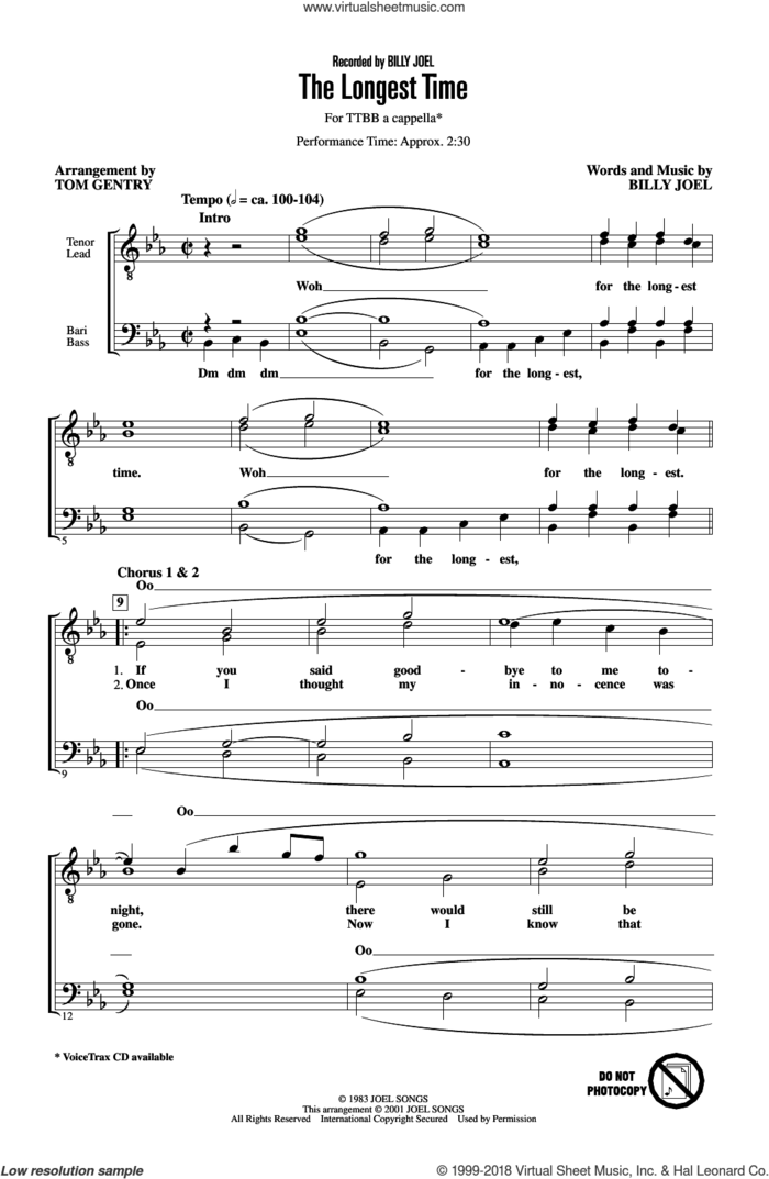 The Longest Time (arr. Tom Gentry) sheet music for choir (TTBB: tenor, bass) by Billy Joel and Tom Gentry, intermediate skill level