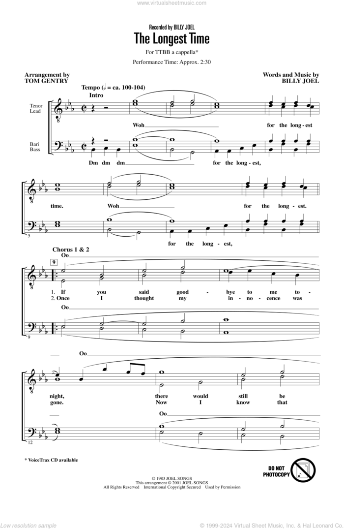 The Longest Time (arr. Tom Gentry) sheet music for choir (TTBB: tenor, bass) by Billy Joel and Tom Gentry, intermediate skill level