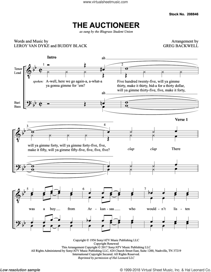 The Auctioneer (arr. Greg Blackwell) sheet music for choir (TTBB: tenor, bass) by Bluegrass Student Union, Greg Blackwell, Buddy Black and Leroy Van Dyke, intermediate skill level