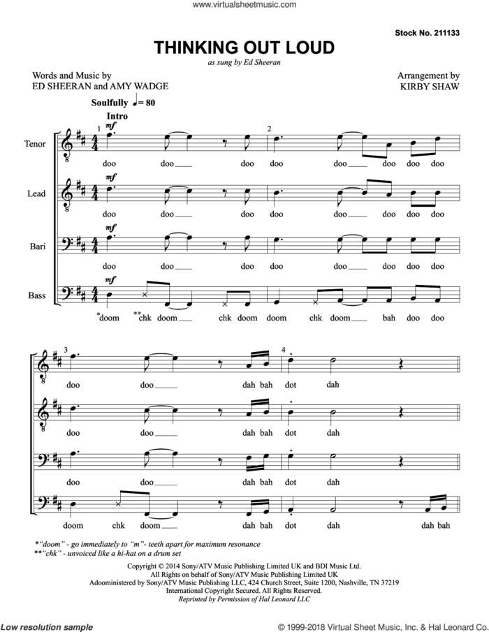 Thinking Out Loud (arr. Kirby Shaw) sheet music for choir (TTBB: tenor, bass) by Ed Sheeran, Kirby Shaw and Amy Wadge, wedding score, intermediate skill level