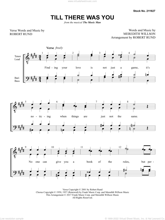 Till There Was You (from The Music Man) (arr. Robert Rund) sheet music for choir (TTBB: tenor, bass) by Meredith Willson, Robert Rund and The Beatles, wedding score, intermediate skill level