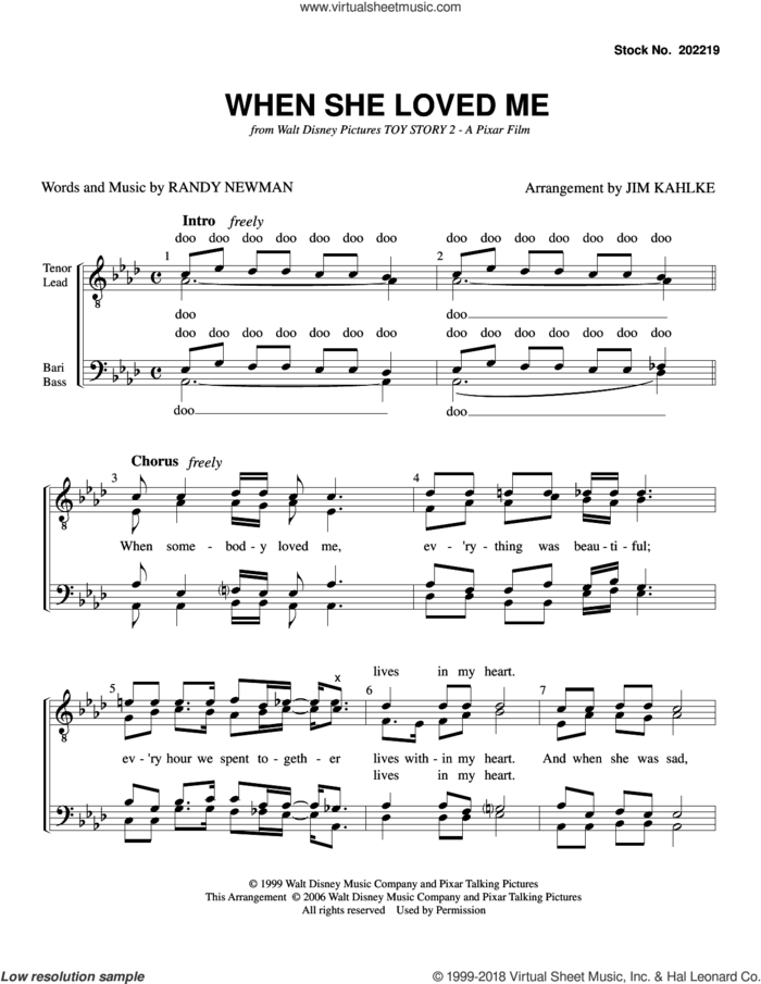 When She Loved Me (from Toy Story 2) (arr. Jim Kahlke) sheet music for choir (TTBB: tenor, bass) by Sarah McLachlan, Jim Kahlke and Randy Newman, intermediate skill level