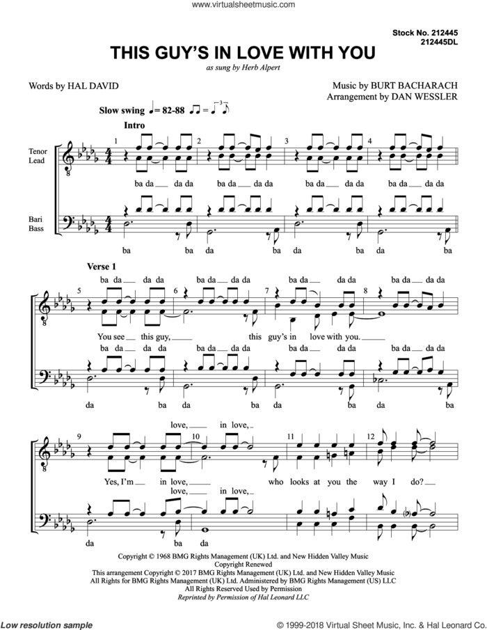 This Guy's in Love with You (arr. Dan Wessler) sheet music for choir (TTBB: tenor, bass) by Herb Alpert, Dan Wessler, Burt Bacharach and Hal David, intermediate skill level