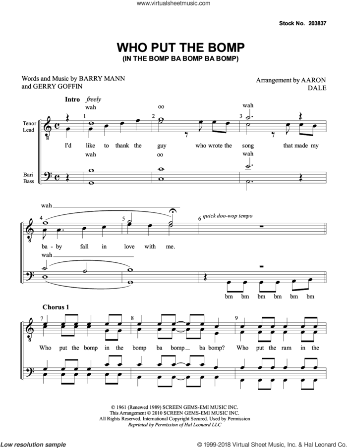 Who Put The Bomp (In The Bomp Ba Bomp Ba Bomp) (arr. Aaron Dale) sheet music for choir (TTBB: tenor, bass) by Barry Mann, Aaron Dale and Gerry Goffin, intermediate skill level