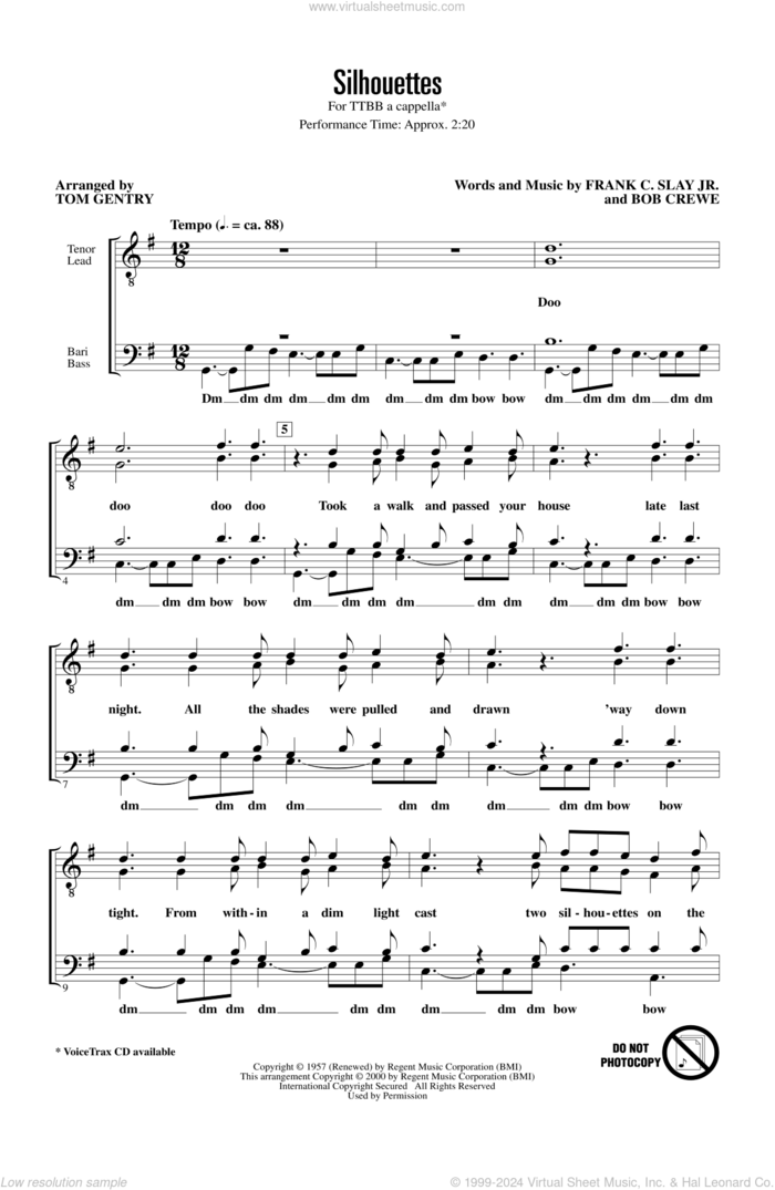 Silhouettes (arr. Tom Gentry) sheet music for choir (TTBB: tenor, bass) by The Rays, Tom Gentry, Bob Crewe and Frank C. Slay Jr., intermediate skill level