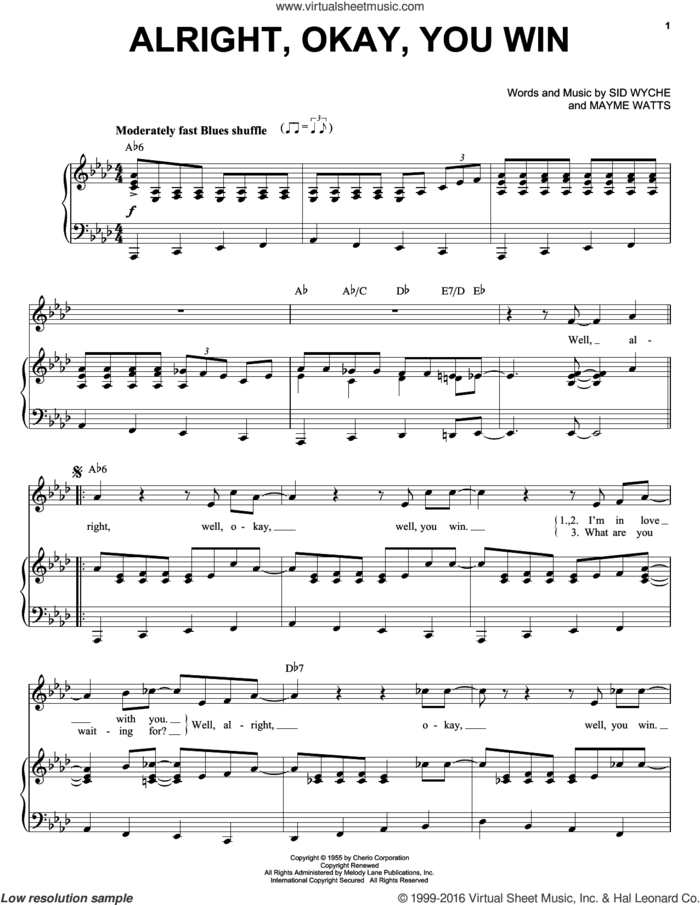 Alright, Okay, You Win sheet music for voice and piano by Peggy Lee, Mayme Watts and Sid Wyche, intermediate skill level