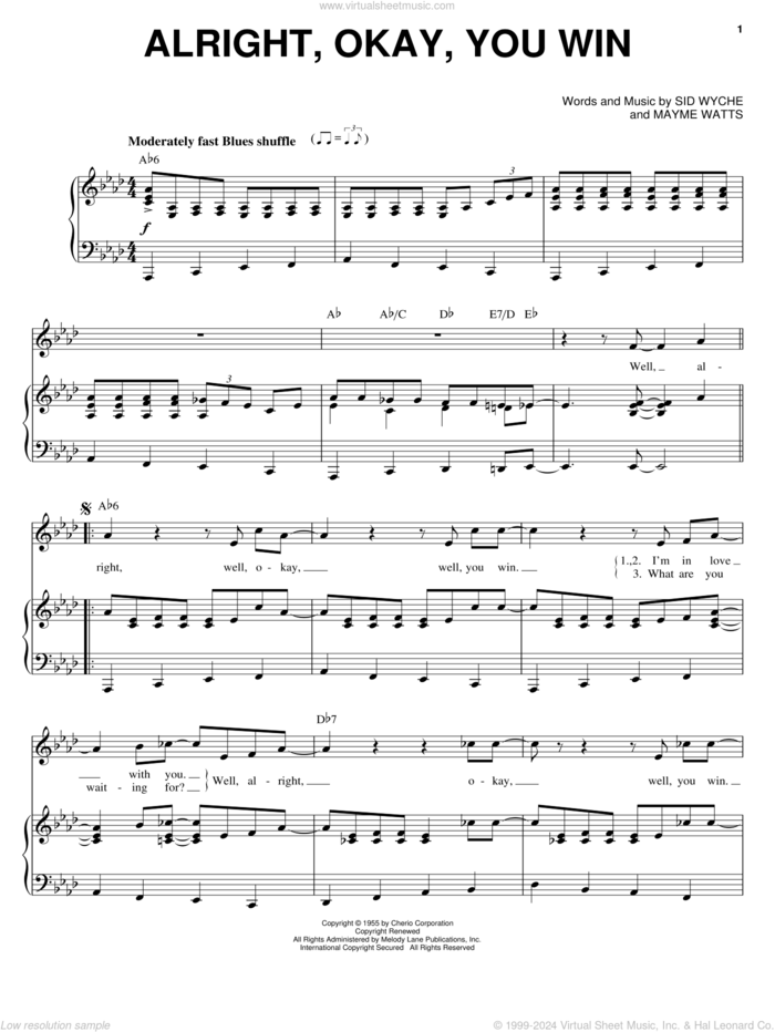 Alright, Okay, You Win sheet music for voice and piano by Peggy Lee, Mayme Watts and Sid Wyche, intermediate skill level