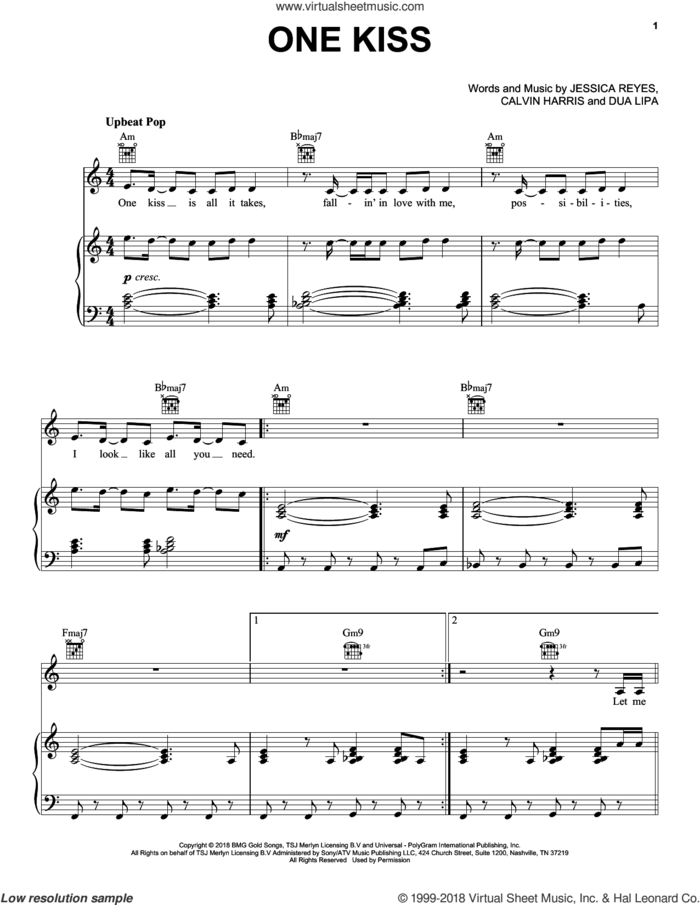 One Kiss sheet music for voice, piano or guitar by Calvin Harris & Dua Lipa, Calvin Harris, Dua Lipa and Jessica Reyes, intermediate skill level