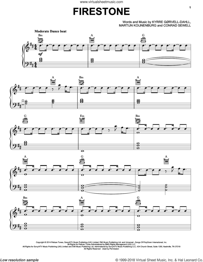 Firestone feat. Conrad Sewell sheet music for voice, piano or guitar by Kygo, Conrad Sewell, Kyrre Gorvell-Dahll and Martijn Koijnenburg, intermediate skill level