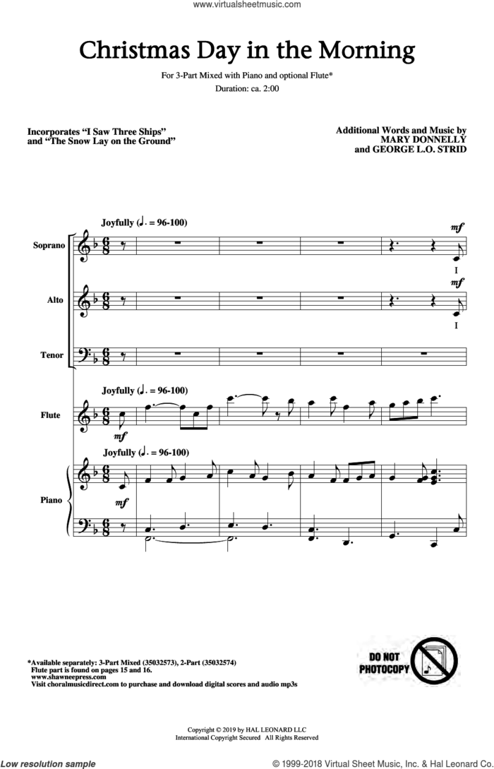 Christmas Day In The Morning sheet music for choir (3-Part Mixed) by Mary Donnelly and George L.O. Strid, intermediate skill level