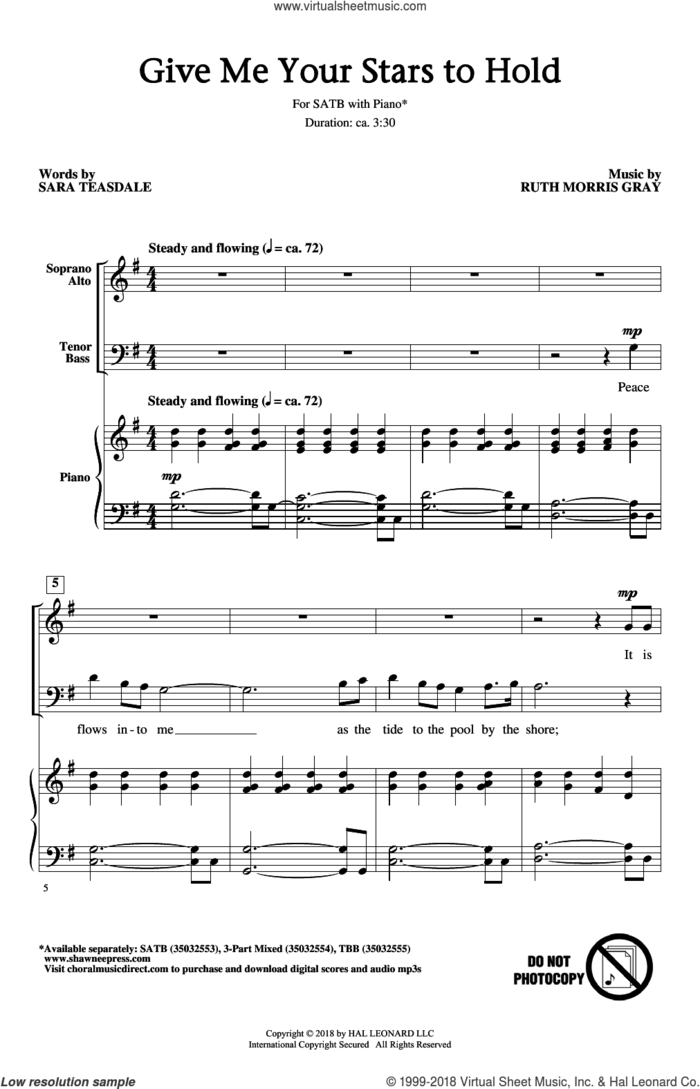 Give Me Your Stars To Hold sheet music for choir (SATB: soprano, alto, tenor, bass) by Ruth Morris Gray and Sara Teasdale, intermediate skill level