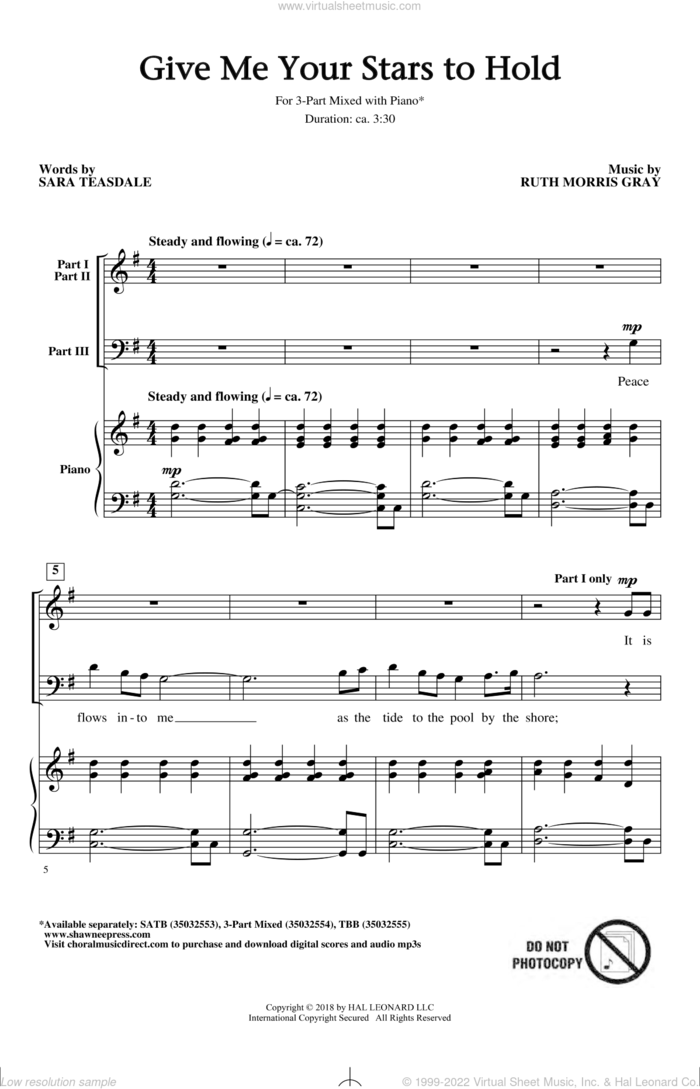 Give Me Your Stars To Hold sheet music for choir (3-Part Mixed) by Ruth Morris Gray and Sara Teasdale, intermediate skill level