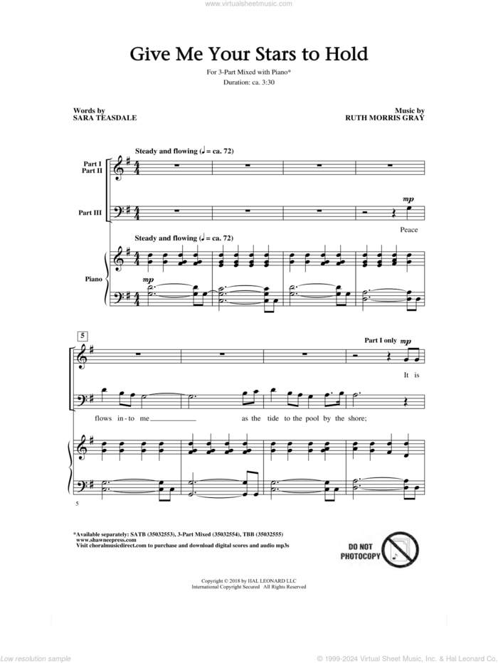 Give Me Your Stars To Hold sheet music for choir (3-Part Mixed) by Ruth Morris Gray and Sara Teasdale, intermediate skill level