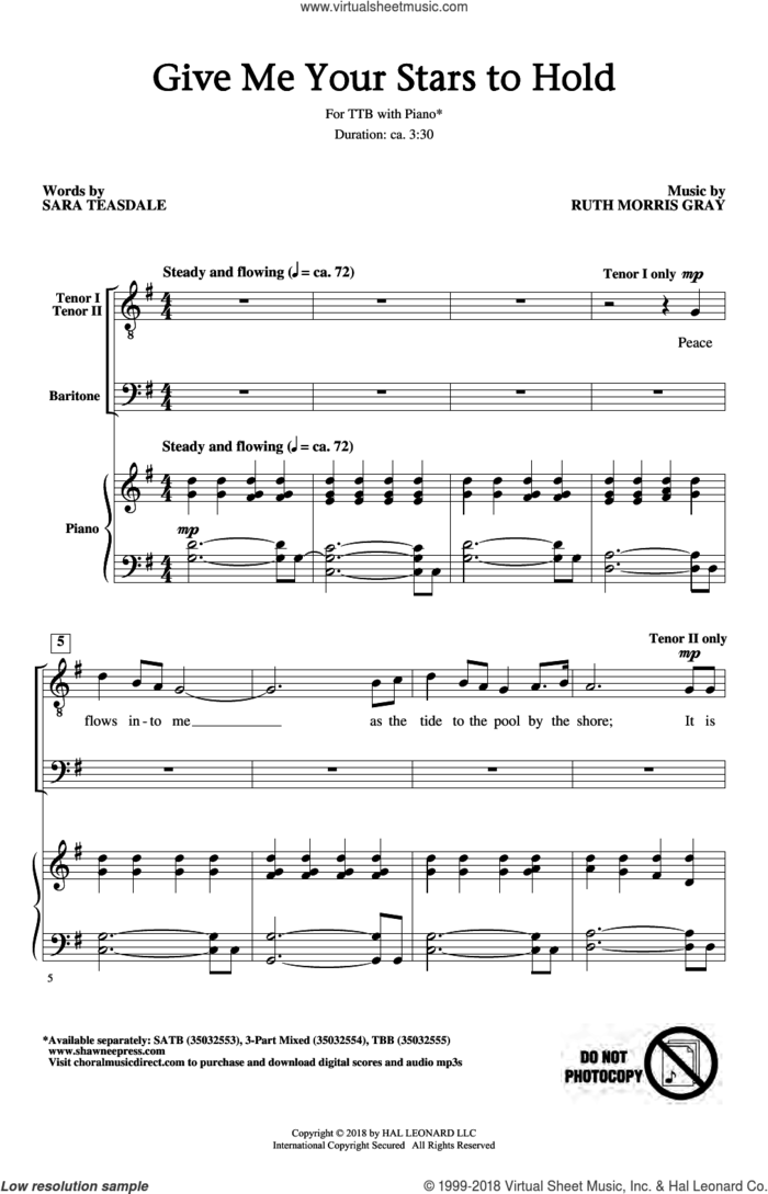 Give Me Your Stars To Hold sheet music for choir (TTBB: tenor, bass) by Ruth Morris Gray and Sara Teasdale, intermediate skill level