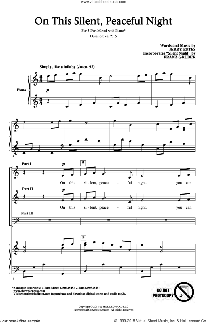 On This Silent, Peaceful Night sheet music for choir (3-Part Mixed) by Jerry Estes, intermediate skill level