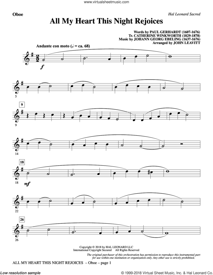All My Heart This Night Rejoices (arr. John Leavitt) sheet music for orchestra/band (oboe) by Catherine Winkworth, John Leavitt, Johann Georg Ebeling and Paul Gerhardt, intermediate skill level