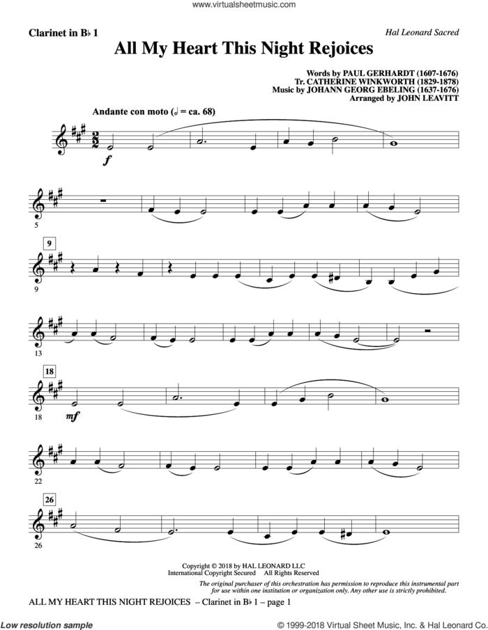 All My Heart This Night Rejoices (arr. John Leavitt) sheet music for orchestra/band (Bb clarinet 1) by Catherine Winkworth, John Leavitt, Johann Georg Ebeling and Paul Gerhardt, intermediate skill level
