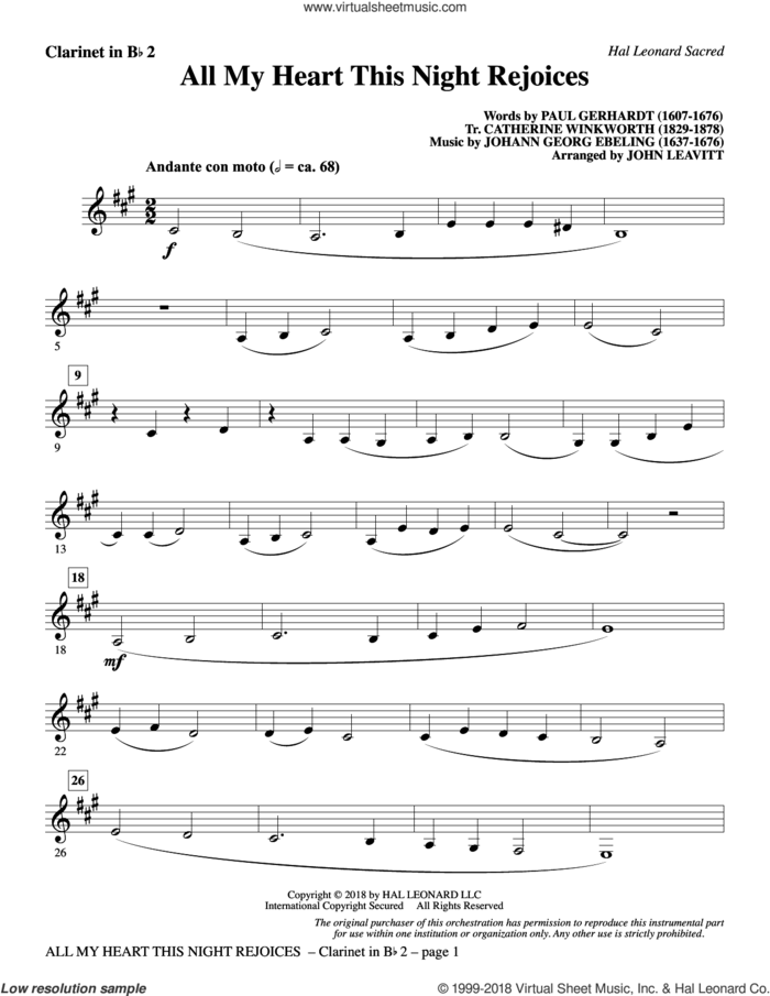 All My Heart This Night Rejoices (arr. John Leavitt) sheet music for orchestra/band (Bb clarinet 2) by Catherine Winkworth, John Leavitt, Johann Georg Ebeling and Paul Gerhardt, intermediate skill level