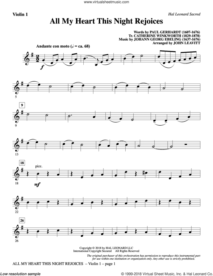 All My Heart This Night Rejoices (arr. John Leavitt) sheet music for orchestra/band (violin 1) by Catherine Winkworth, John Leavitt, Johann Georg Ebeling and Paul Gerhardt, intermediate skill level