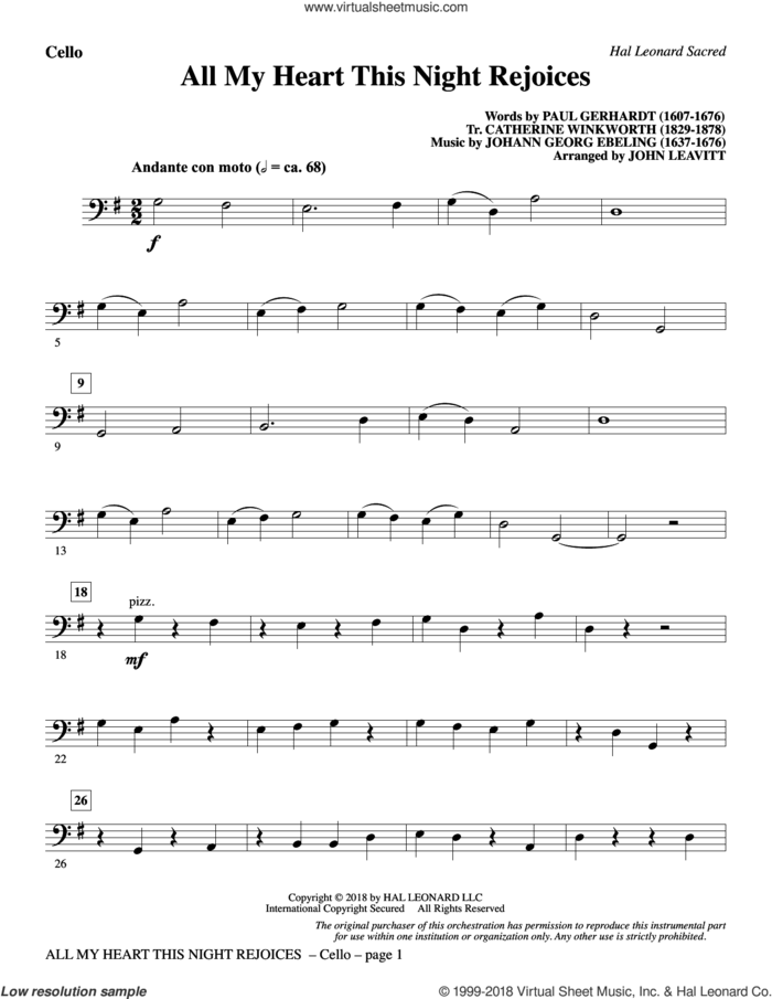All My Heart This Night Rejoices (arr. John Leavitt) sheet music for orchestra/band (cello) by Catherine Winkworth, John Leavitt, Johann Georg Ebeling and Paul Gerhardt, intermediate skill level