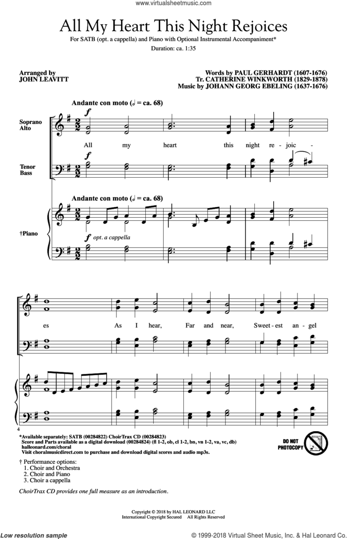 All My Heart This Night Rejoices (arr. John Leavitt) sheet music for choir (SATB: soprano, alto, tenor, bass) by Catherine Winkworth, John Leavitt, Johann Georg Ebeling and Paul Gerhardt, intermediate skill level