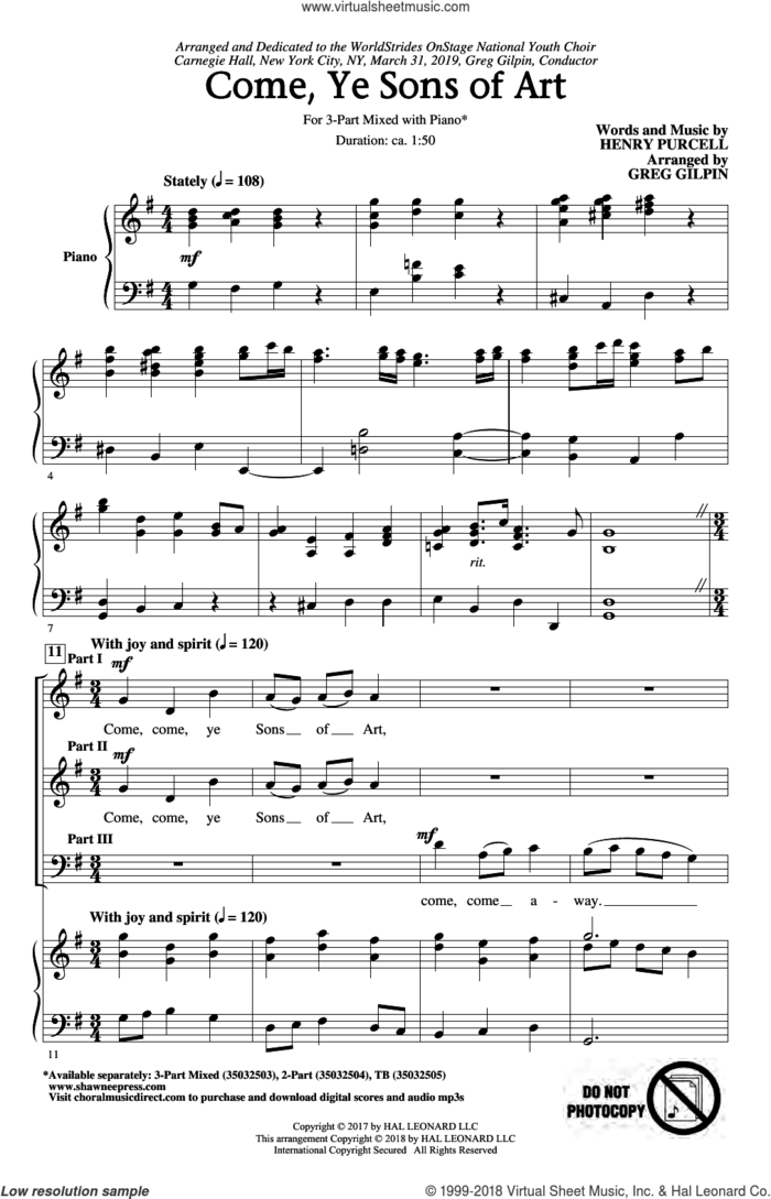 Come, Ye Sons Of Art (arr. Greg Gilpin) sheet music for choir (3-Part Mixed) by Henry Purcell and Greg Gilpin, intermediate skill level