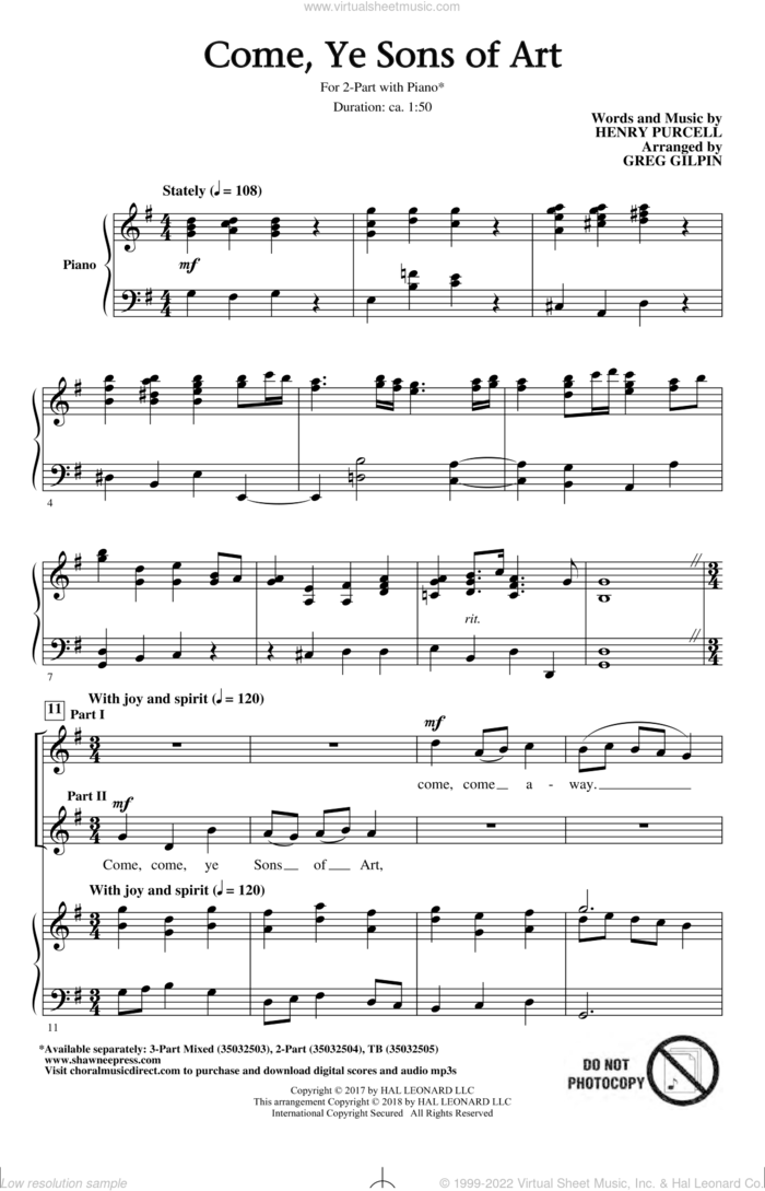 Come, Ye Sons Of Art (arr. Greg Gilpin) sheet music for choir (2-Part) by Henry Purcell and Greg Gilpin, intermediate duet
